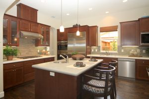 Open kitchen with CaesarStone countertops at Satake Estates in Mountain View.