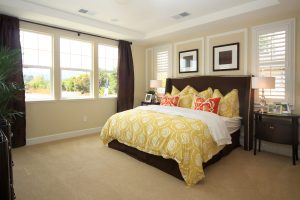 A fresh take on the blending styles Vibrant colors perfectly accent the golden bedspread and wood furniture for a fresh take on perfectly blending styles.