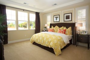 Vibrant colors perfectly accent the golden bedspread and wood furniture for a fresh take on perfectly blending styles.