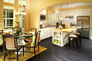 Rosewood kitchen with Yellow walls, pillows for spring