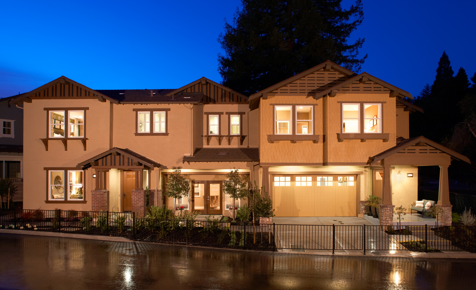 Dusk view of new construction home exterior