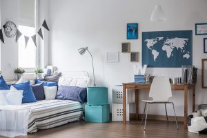 Horizontal view of designed teenage boy room